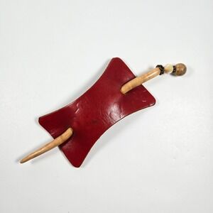 Artisan Red Leather Hair Stick Barette Pin Wood Beads Boho Ethnic Bun Holder